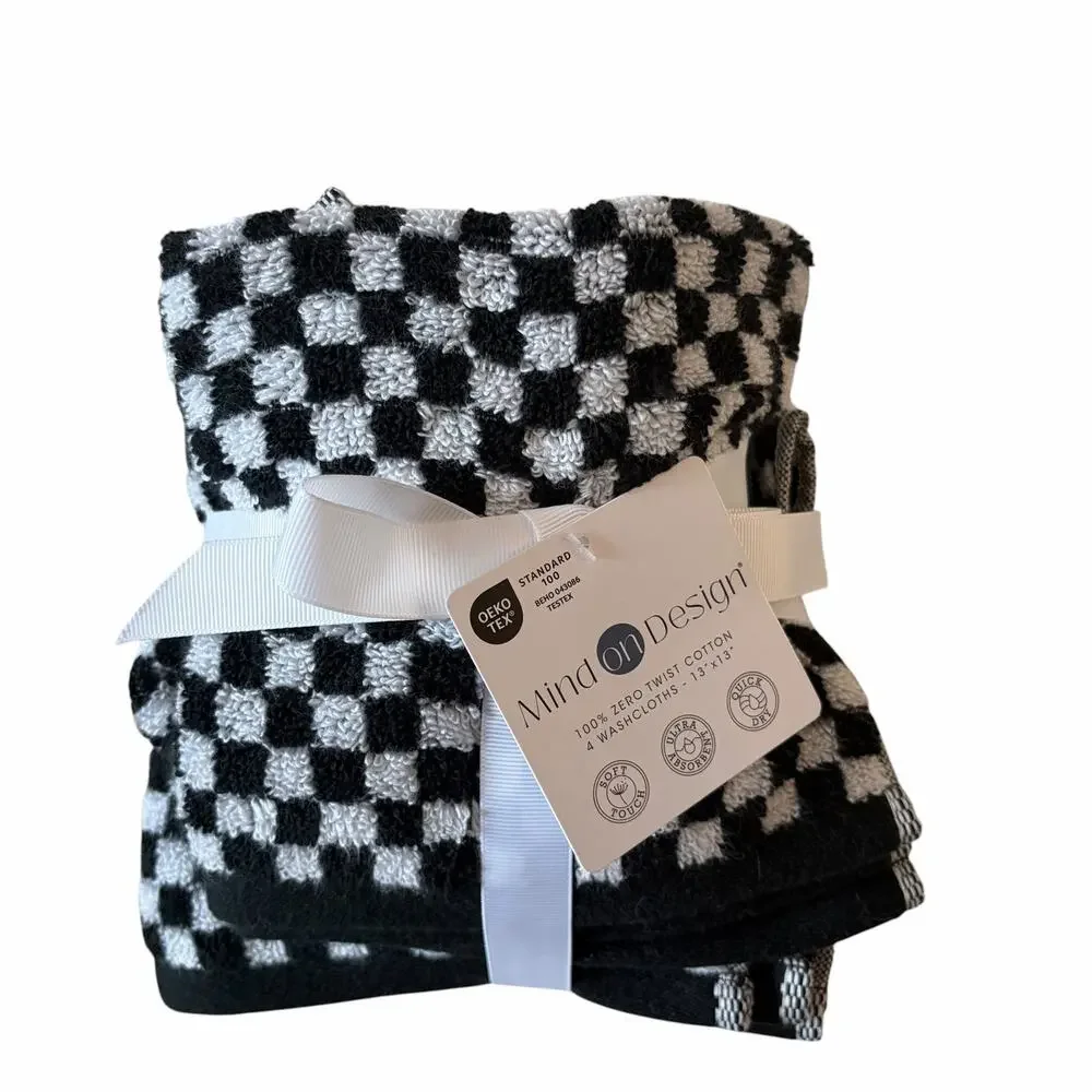 6pc Chic Black & White Checkered Towel Set- 2 Bath Towels 4 Washcloths Cotton